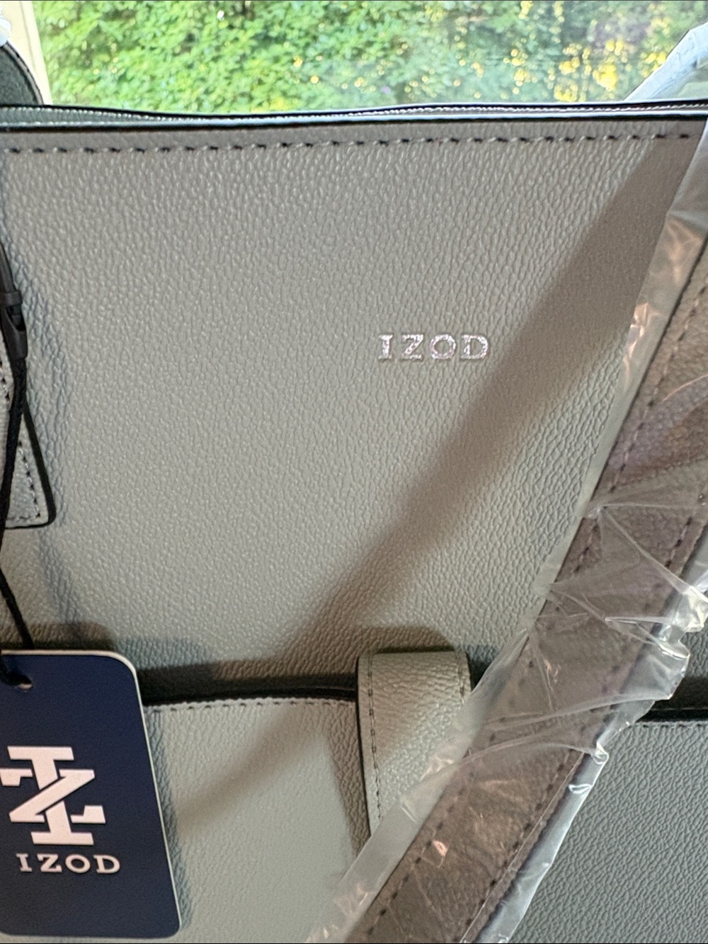 Izod Light Sage Structured Tote with Front Pocket with dust bag - Picture 2 of 8